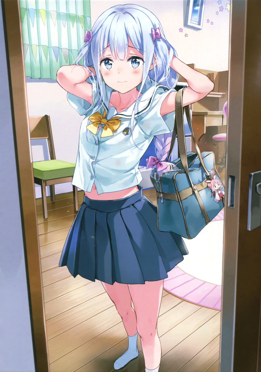 1girl 3: absurdres armpit_peek arms_up bag bag_charm blue_eyes blue_hair blush bow bowtie bra bra_peek braid breasts charm_(object) eromanga_sensei feet female_focus hair_bow highres indoors izumi_sagiri long_hair looking_at_viewer midriff midriff_peek multicolored_hair no_shoes pink_hair pleated_skirt scan school_bag school_uniform serafuku short_sleeves shoulder_bag sidelocks single_braid skirt small_breasts socks solo tiv two-tone_hair underwear white_socks