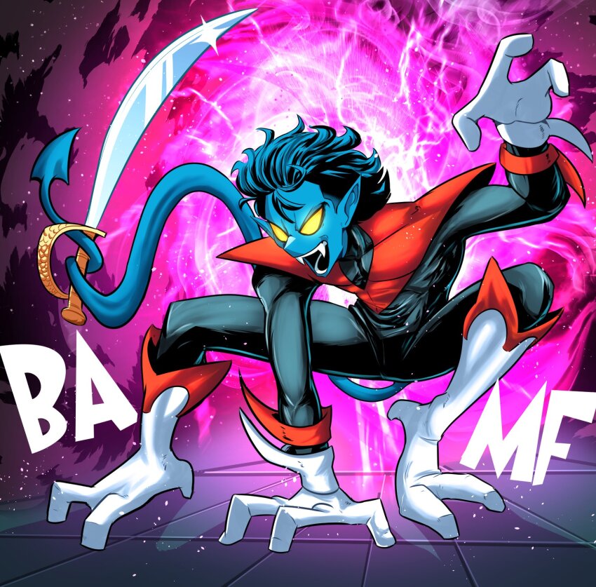 1boy blue_hair blue_skin boots colored_skin cutlass fangs fewer_digits full_body gloves hand_on_ground highres holding holding_sword holding_weapon holding_with_tail male_focus marvel nightcrawler pointy_ears prehensile_tail solo sonchapo sound_effects superhero_costume sword tail weapon white_gloves x-men yellow_eyes