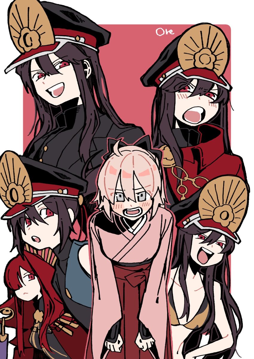 1boy 5girls ahoge arm_guards artist_name bikini black_bikini black_bodysuit black_bow black_hair blonde_hair blush bodysuit bow breasts cape chain cleavage collared_cape crest family_crest goma1021 grey_eyes hair_between_eyes hair_bow hair_over_one_eye hat highres jacket japanese_clothes kimono long_hair looking_at_viewer military_hat multiple_girls navel oda_kippoushi_(fate) oda_nobunaga_(fate) oda_nobunaga_(maou_avenger)_(fate) oda_nobunaga_(swimsuit_berserker)_(second_ascension)_(fate) oda_uri okita_souji_(fate) open_mouth peaked_cap pink_background pink_kimono ponytail popped_collar red_cape red_eyes red_hair shirt short_hair smile swimsuit two-tone_background white_background