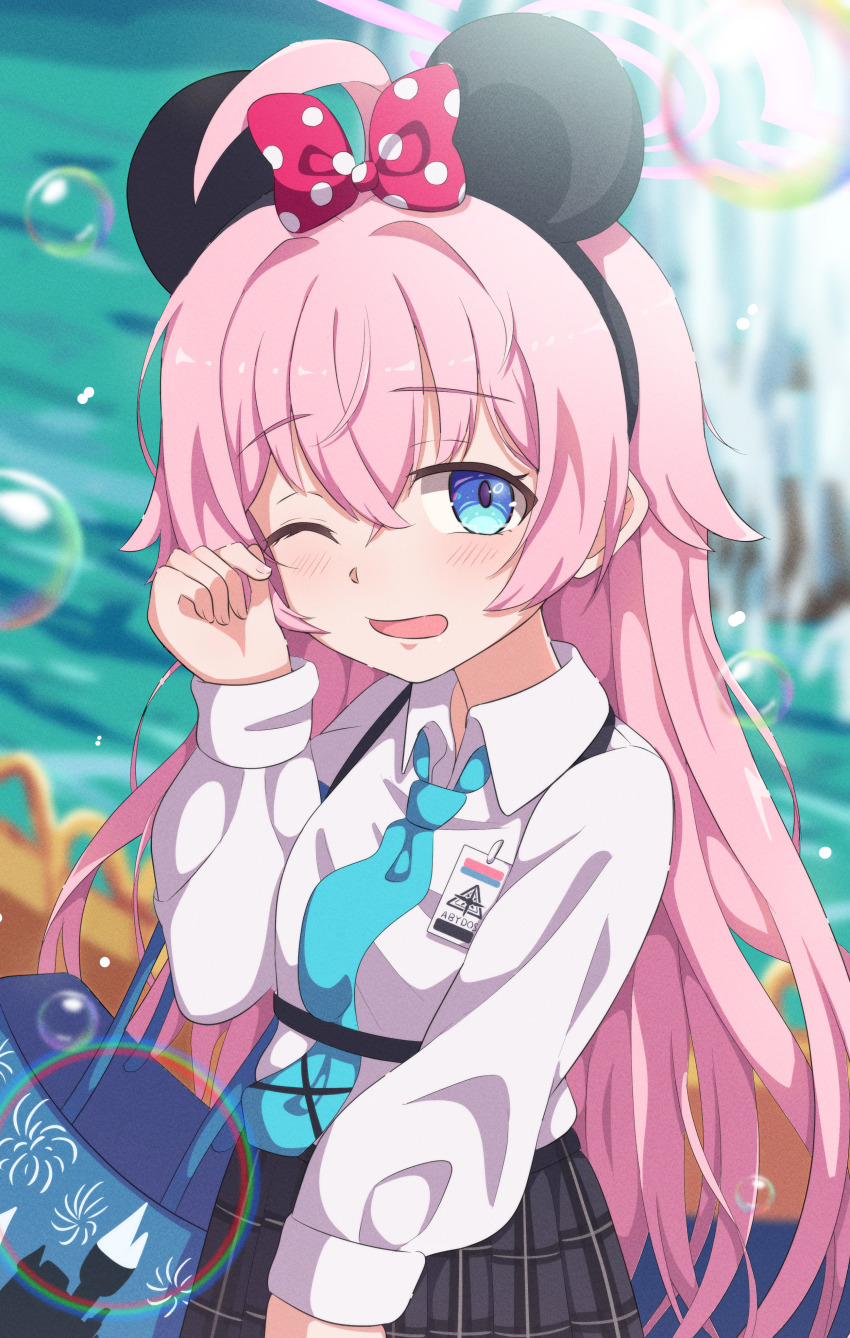 1girl ;d absurdres abydos_high_school_logo ahoge animal_ears black_hairband black_skirt blue_archive blue_eyes blue_necktie blurry blurry_background blush bow clenched_hand collared_shirt commentary_request cowboy_shot crossed_bangs day disneyland fake_animal_ears hair_between_eyes hair_bow hair_intakes hairband hand_up happy highres hoshino_(blue_archive) id_card lens_flare long_hair long_sleeves looking_at_viewer mickey_mouse_ears mikoshi_(user_wvyd4348) mouse_ears necktie one_eye_closed open_mouth outdoors pink_hair plaid_clothes plaid_skirt pleated_skirt polka_dot polka_dot_bow red_bow school_uniform shirt skirt smile solo straight_hair suspenders tareme very_long_hair white_shirt