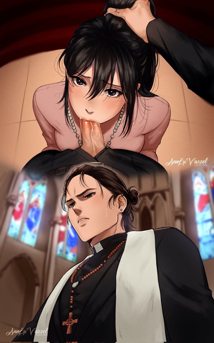 1boy 1girl alternate_hair_length alternate_hairstyle alternate_universe annlu_vazzel artist_name beads black_hair blurry blurry_background blush borrowed_design breast_press cassock church church_interior commentary contemporary cross cross_necklace dated ear_piercing earrings english_commentary erection eren_yeager fellatio hair_bun hand_in_another&#039;s_hair hand_on_another&#039;s_head hetero highres jewelry kneeling long_hair looking_up mikasa_ackerman necklace oral pearl_necklace penis piercing pink_sweater pointy_nose pov prayer_beads priest saliva shingeki_no_kyojin signature single_hair_bun stud_earrings sweatdrop sweater uncensored veins veiny_penis