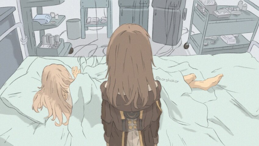 2girls bed brown_hair commentary english_commentary facing_away firefly_(honkai:_star_rail) from_behind highres hospital hospital_bed korshokor long_hair lying meme multiple_girls neon_genesis_evangelion on_bed scene_reference shinji&#039;s_fapping_hand_(meme) standing stelle_(honkai:_star_rail) the_end_of_evangelion trailblazer_(honkai:_star_rail) twitter_username watermark