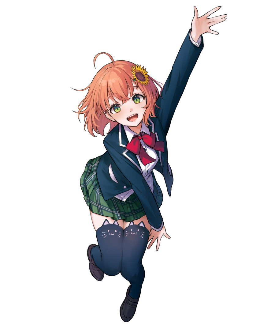 1girl absurdres ahoge animal_ear_legwear arm_up black_shoes blazer blue_jacket blue_thighhighs blush bow bowtie cat_ear_legwear collared_shirt commentary_request flower full_body green_eyes green_skirt hair_flower hair_ornament highres honma_himawari honma_himawari_(1st_costume) jacket knees_together_feet_apart loafers long_sleeves looking_at_viewer nijisanji open_clothes open_jacket open_mouth orange_hair plaid_clothes plaid_skirt red_bow red_bowtie school_uniform shirt shoes short_hair simple_background skirt solo sunflower sunflower_hair_ornament teeth thighhighs tone_haruma transparent_background upper_teeth_only virtual_youtuber white_shirt yellow_flower zettai_ryouiki