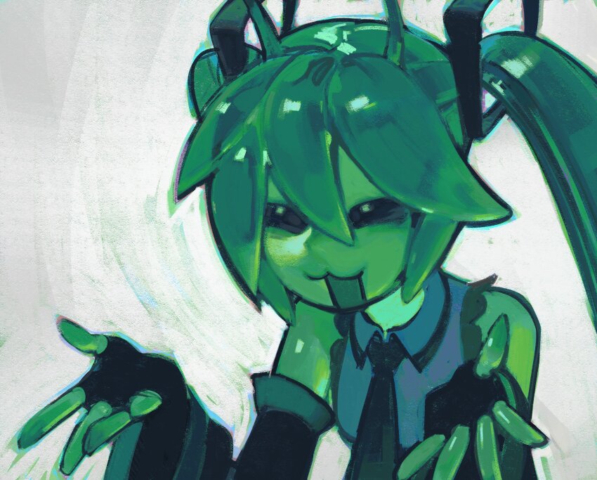 alien alienposting_(meme) alternate_skin_color antennae black_eyes colored_skin green_hair green_skin hands_up hatsune_miku highres meme open_mouth rainbowdeww vocaloid