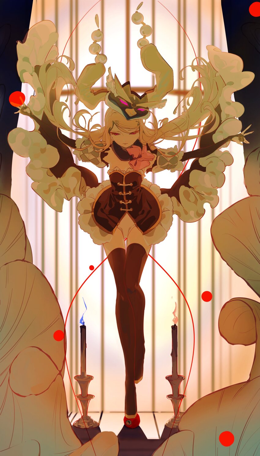 1girl absurdres animal_hat apple black_gloves black_thighhighs brown_hair candle candlestand detached_sleeves elbow_gloves floating_clothes floating_hair food fruit gloves harumimi hat highres leotard leotard_under_clothes long_hair mawaru_penguindrum partially_fingerless_gloves penguin_hat pink_eyes princess_of_the_crystal skirt solo standing standing_on_object standing_on_one_leg thighhighs