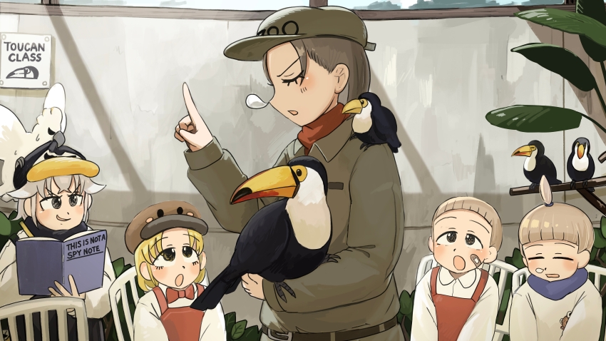 5girls :o absurdres animal animal_on_arm animal_on_shoulder bandaid bandaid_on_face bird bird_on_arm bird_on_shoulder black_scarf blonde_hair blue_scarf bow bowtie brown_hair brown_jacket closed_eyes cockatoo commentary diva_(hyxpk) donut_stamp duck english_commentary girl_with_boyish_hair_(diva) grey_hair hat highres index_finger_raised jacket multiple_girls nose_bubble notebook overalls pencil penguin_fan_(diva) penguin_hat penguin_keeper_(diva) red_bow red_bowtie red_overalls scarf shirt short_hair topknot_girl_(diva) toucan toucan_keeper_(diva) white_shirt zoo zookeeper zookeepers_(diva)
