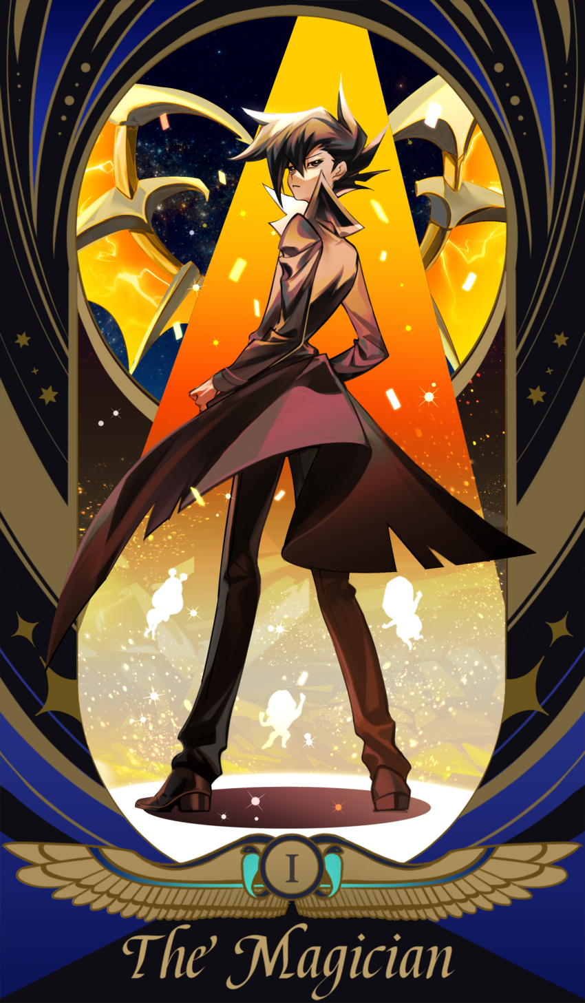 1boy absurdres armed_dragon black_hair black_pants border card_(medium) coat duel_monster english_text from_behind full_body highres looking_back male_focus manjoume_jun ojama_black ojama_green ojama_yellow open_clothes open_coat pants roman_numeral short_hair silhouette solo_focus spiked_hair ssbaby standing tarot tarot_(medium) the_magician_(tarot) torn_clothes torn_coat yu-gi-oh! yu-gi-oh!_gx