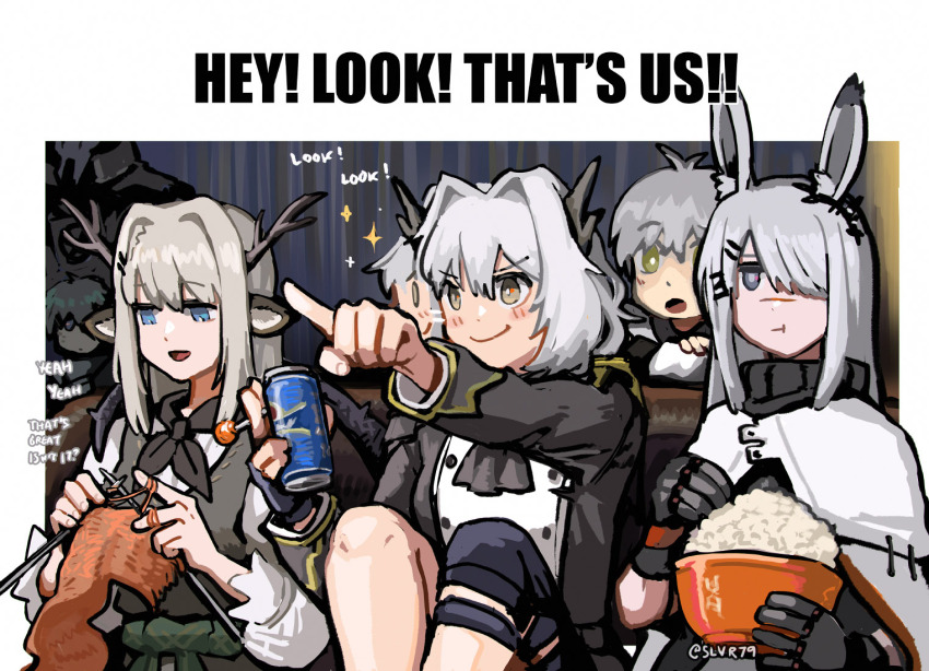 1boy 3girls :o afterimage alina_(arknights) animal_ears antlers arknights arm_up black_gloves black_horns black_jacket blue_eyes blush_stickers bright_pupils cape chewing closed_mouth commentary_request eating english_text excited expressionless frostnova_(arknights) gloves green_eyes grey_eyes grey_hair holding horns jacket long_sleeves looking_down medium_hair mephisto_(arknights) multiple_girls needle open_mouth outstretched_arm pointing scar scar_on_face scar_on_nose sewing sewing_needle short_hair silverxp sitting smile talulah_(arknights) talulah_the_fighter_(arknights) white_cape white_hair white_pupils