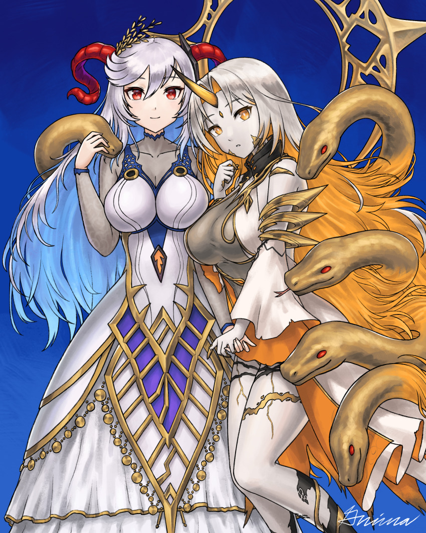 2girls absurdres blonde_hair blue_background blue_eyes bodystocking breasts collarbone colored_inner_hair curled_horns detached_sleeves dress facial_mark fire_emblem fire_emblem_heroes freyja_(fire_emblem) goat_horns grey_hair grimaisbestwaifu gullveig_(fire_emblem) hair_between_eyes highres holding_hands horns large_breasts long_hair long_sleeves looking_at_viewer mixed-language_commentary multicolored_hair multiple_girls nintendo pale_skin red_eyes red_horns signature simple_background single_horn snake snake_hair swept_bangs two-tone_hair very_long_hair white_dress yellow_eyes