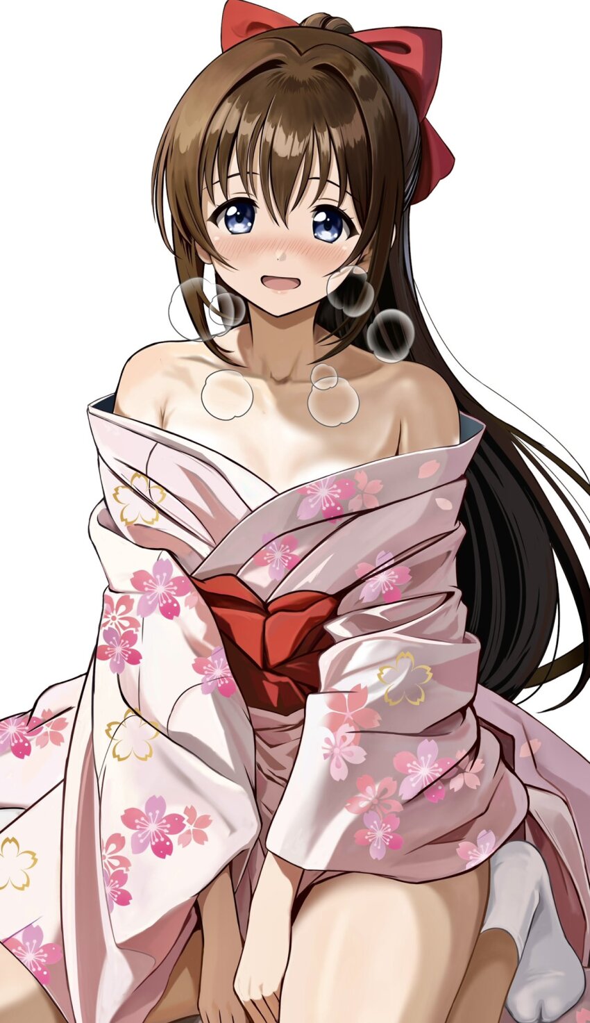 1girl bare_shoulders between_legs bow brown_hair cherry_blossom_print collarbone commentary_request floral_print floral_print_kimono grey_eyes hair_bow hand_between_legs highres japanese_clothes kimono looking_at_viewer love_live! love_live!_nijigasaki_high_school_idol_club obi open_mouth osaka_shizuku pink_kimono print_kimono red_bow red_sash sash sitting socks solo squeans tabi white_socks zaofeng