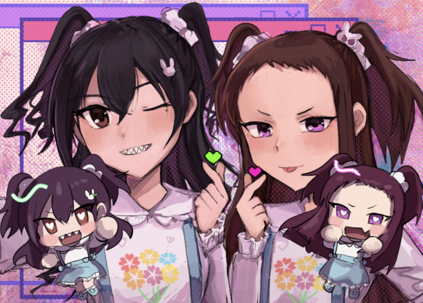 2girls artist_request black_hair breasts brown_eyes brown_hair chibi chibi_inset child clenched_teeth eyelashes fang female_focus floral_print forehead full_body hair_ornament hand_up heart heart-shaped_pupils idol idolmaster idolmaster_cinderella_girls koseki_reina long_hair looking_at_viewer multiple_girls namco neck one_eye_closed purple_eyes rabbit_hair_ornament sharp_teeth short_bangs sidelocks small_breasts smile standing sunazuka_akira symbol-shaped_pupils teeth tongue tongue_out twintails upper_body wink
