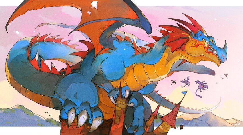 6+others bat_wings blue_scales border breath_weapon breathing_fire castle character_request colored_sclera commentary_request creature creature_focus crushing dracky dragon dragon_quest dragon_quest_x fins fire gradient_sky head_fins highres linne_(hld_doreko) monster monster_focus mountainous_horizon multiple_others no_humans nose_horn pink_sky sharp_teeth sky solo_focus spiked_tail tail teeth white_border wings yellow_sclera yellow_sky