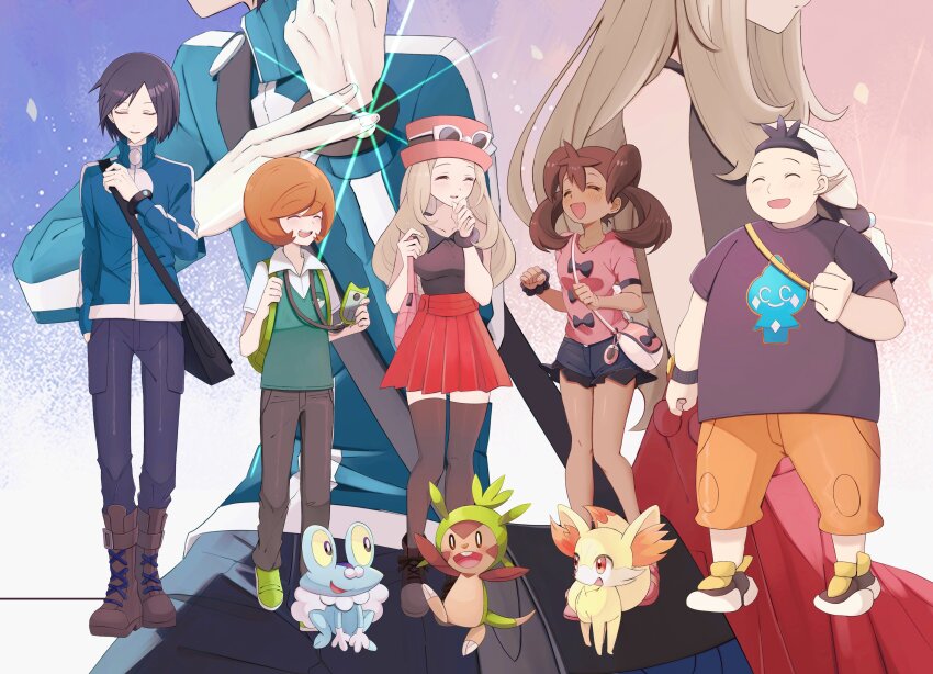 2girls 3boys :d absurdres backpack bag black_bag blonde_hair blue_jacket boots bracelet breasts calem_(pokemon) chespin collared_shirt eyewear_on_headwear fennekin froakie gen_6_pokemon green_bag green_footwear green_vest hat highres holding_strap jacket jewelry long_hair long_sleeves multiple_boys multiple_girls nasakixoc nintendo open_mouth pants pink_shirt pleated_skirt pokemon pokemon_(creature) pokemon_xy print_shirt red_skirt serena_(pokemon) shauna_(pokemon) shirt shoes short_hair shorts shoulder_bag skirt sleeveless sleeveless_shirt smile standing starter_pokemon_trio sunglasses t-shirt thighhighs tierno_(pokemon) trevor_(pokemon) turtleneck turtleneck_jacket vest white-framed_eyewear zipper_pull_tab
