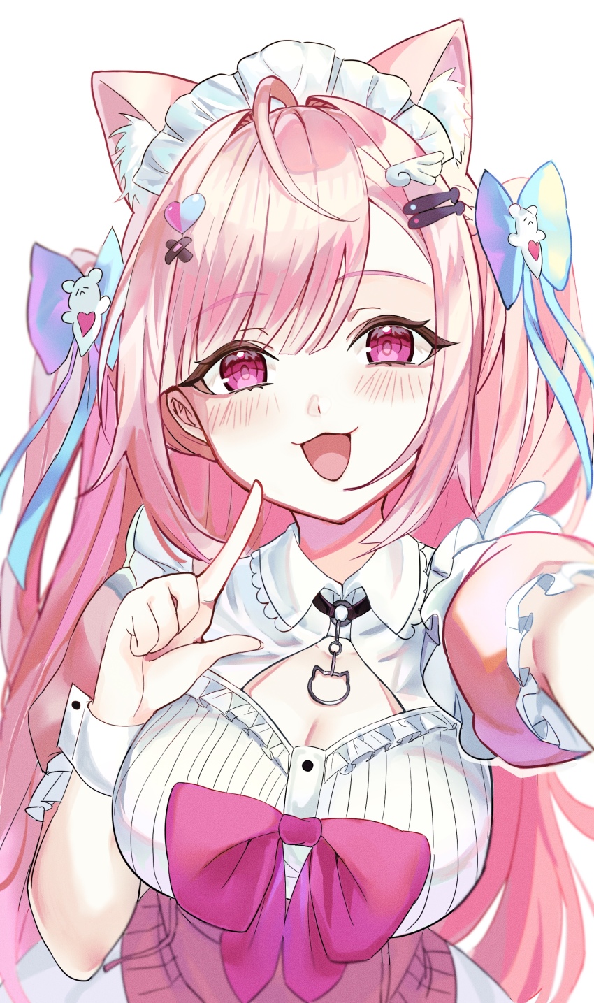 1girl :3 absurdres ahoge animal_ears bandaid bandaid_hair_ornament black_choker blue_bow blush bow breasts cat_choker cat_ears cat_girl chest_bow choker cleavage cleavage_cutout clothing_cutout commentary crossed_bandaids dress extra_ears fish_hair_ornament ghost_hair_ornament hair_bow hair_ornament hairclip heart heart_hair_ornament highres index_finger_raised indie_virtual_youtuber large_breasts long_hair looking_at_viewer maid maid_headdress o-ring o-ring_choker open_mouth pink_bow pink_dress pink_eyes pink_hair short_sleeves simple_background smile solo two_side_up virtual_youtuber white_background white_wrist_cuffs wing_hair_ornament wrist_cuffs yuki_yuri yuuki_sakuna yuuki_sakuna_(1st_costume)