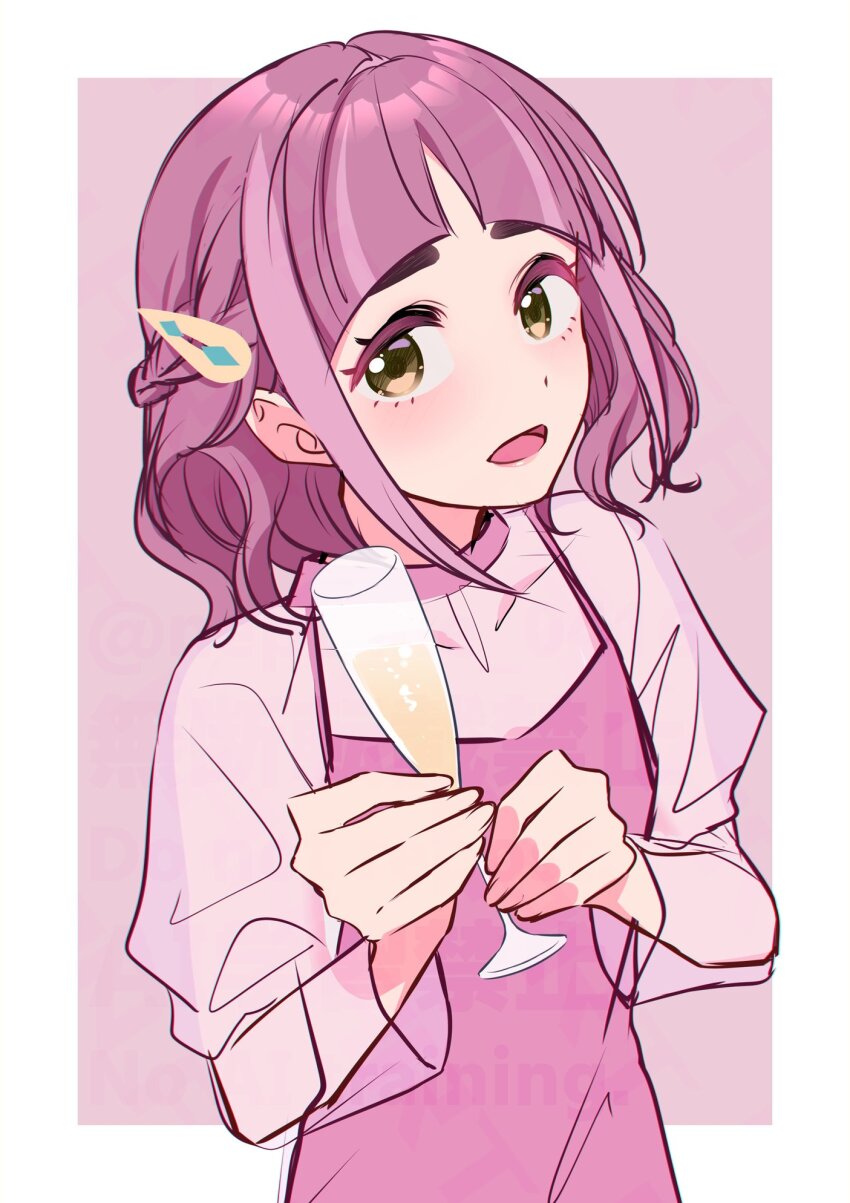 1girl :d alternate_costume alternate_hairstyle arched_bangs brown_eyes commentary_request cup dress drinking_glass hair_ornament hairclip highres holding holding_cup lacey_(pokemon) looking_at_viewer nintendo open_mouth pink_dress pink_hair pokemon pokemon_sv saotome_(neptune_0416) see-through_clothes see-through_sleeves short_hair smile solo upper_body wine_glass