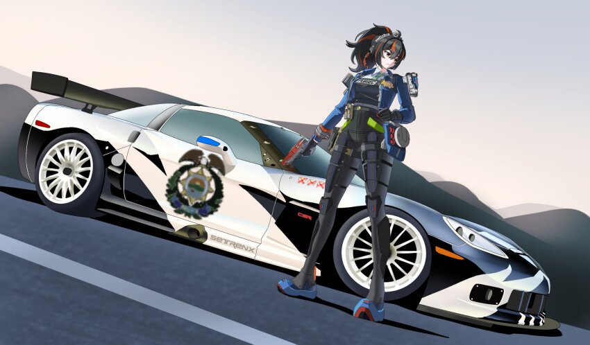 1girl artist_name black_bodysuit black_gloves black_hair blue_jacket bodysuit brown_eyes car chevrolet chevrolet_corvette chevrolet_corvette_c6 crossover frown full_body gloves gun han_(setrenx_lovato) highres holding holding_gun holding_weapon jacket looking_to_the_side motor_vehicle multicolored_hair need_for_speed need_for_speed:_most_wanted_(2005) police_car red_hair shadow solo spoiler_(automobile) sports_car standing streaked_hair v-shaped_eyebrows vehicle_focus weapon zenless_zone_zero zhu_yuan