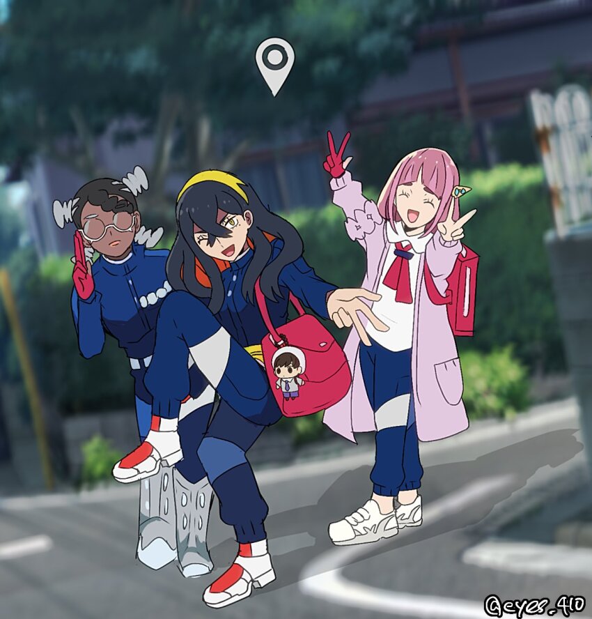 3girls ;d amarys_(pokemon) backpack bag black_hair blue_jacket blue_pants blueberry_academy_school_uniform cardigan carmine_(pokemon) character_doll closed_eyes crossed_bangs dark-skinned_female dark_skin florian_(pokemon) glasses gloves grey_hair hair_between_eyes hair_ornament hairband hairclip high_school_girls_posing_for_google_street_view_(meme) highres jacket lacey_(pokemon) meme mole mole_under_eye multicolored_hair multiple_girls nintendo one_eye_closed open_mouth pants partially_fingerless_gloves pink_cardigan pink_hair pokemon pokemon_sv red_bag red_gloves red_hair rem_(eyes_410) school_uniform shoulder_bag single_glove smile twitter_username two-tone_hair v w yellow_eyes yellow_hairband