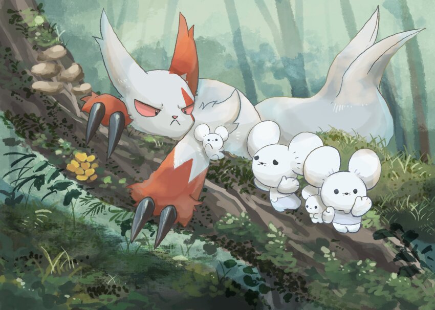 :&lt; against_tree animal_ears animal_nose black_eyes body_fur bumping claws colored_sclera family fluffy forest frown gen_3_pokemon grass highres looking_at_another looking_at_viewer lying maushold maushold_(family_of_four) moss mouse_ears mushroom nature nintendo no_humans on_stomach on_tree pokemon pokemon_(creature) pokemon_focus red_fur red_sclera solid_circle_eyes tree two-tone_fur v-shaped_eyes volpecorvo waving white_fur zangoose