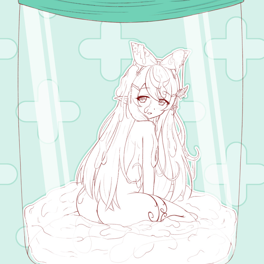 cum cum_on_body cum_on_hair cum_pool fairy highres in_container in_jar jar kisaragi_1go kneeling nijisanji nijisanji_en nude pointy_ears pomu_rainpuff pomu_rainpuff_(1st_costume) virtual_youtuber