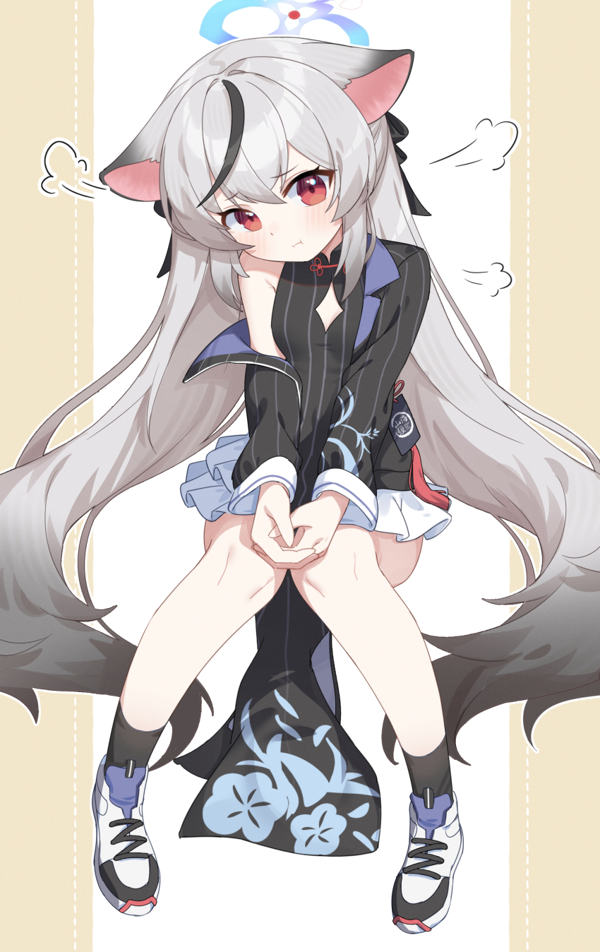 1girl absurdres animal_ears black_dress black_jacket black_ribbon blue_archive blue_halo blush china_dress chinese_clothes dress grey_hair hair_between_eyes hair_ribbon halo highres jacket kokona_(blue_archive) long_hair long_sleeves looking_at_viewer melozr open_clothes open_jacket orange_eyes ribbon sidelocks simple_background sleeveless sleeveless_dress solo straight_hair very_long_hair
