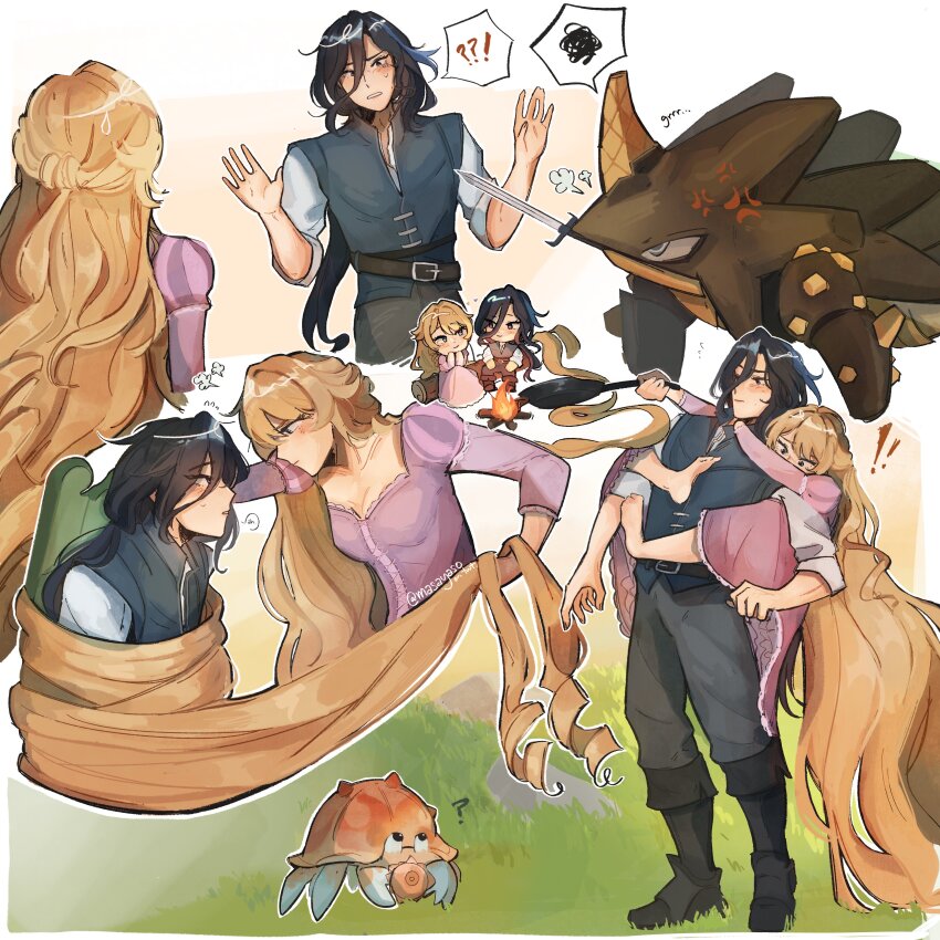 ! !! !? ? absurdly_long_hair absurdres anger_vein artist_name barefoot black_footwear blonde_hair blue_shirt blush boots bound campfire chair clorinde_(genshin_impact) commentary cosplay dress english_commentary flynn_rider flynn_rider_(cosplay) frying_pan genshin_impact geovishap_hatchling_(genshin_impact) grass grey_pants highres layered_shirt log long_dress long_hair low_ponytail maie_(masayaso) navia_(genshin_impact) on_chair pants ponytail purple_dress rapunzel_(disney) rapunzel_(disney)_(cosplay) shirt sitting_on_log spoken_exclamation_mark spoken_question_mark spoken_squiggle squiggle sword tangled tied_up_(nonsexual) very_long_hair weapon white_shirt yuri