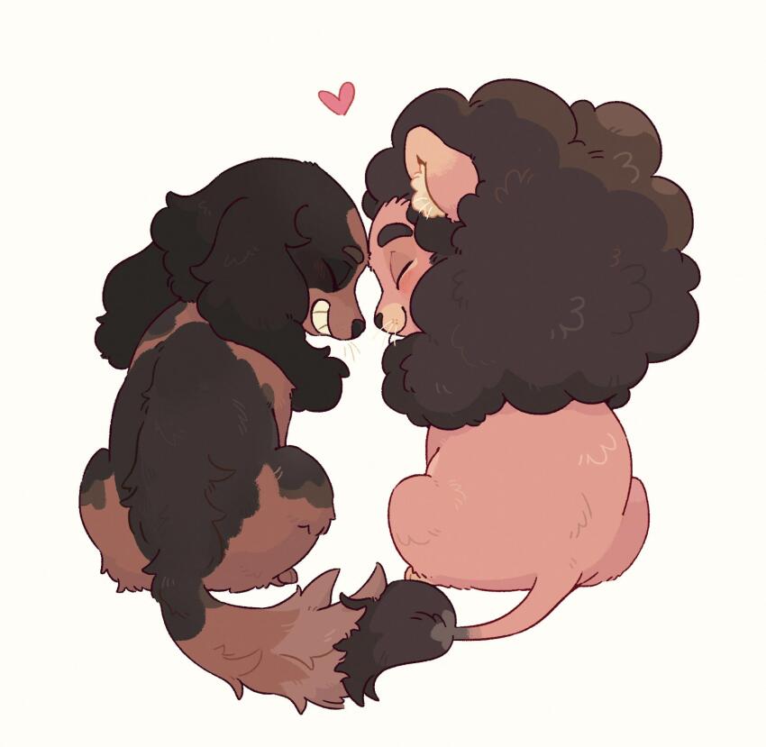 animal animal_focus animalization brown_fur closed_eyes connie_maheswaran dog forehead-to-forehead from_behind full_body grin heads_together heart highres hua_hua_de_meme lion red_fur smile steven_quartz_universe steven_universe touching_tail white_background