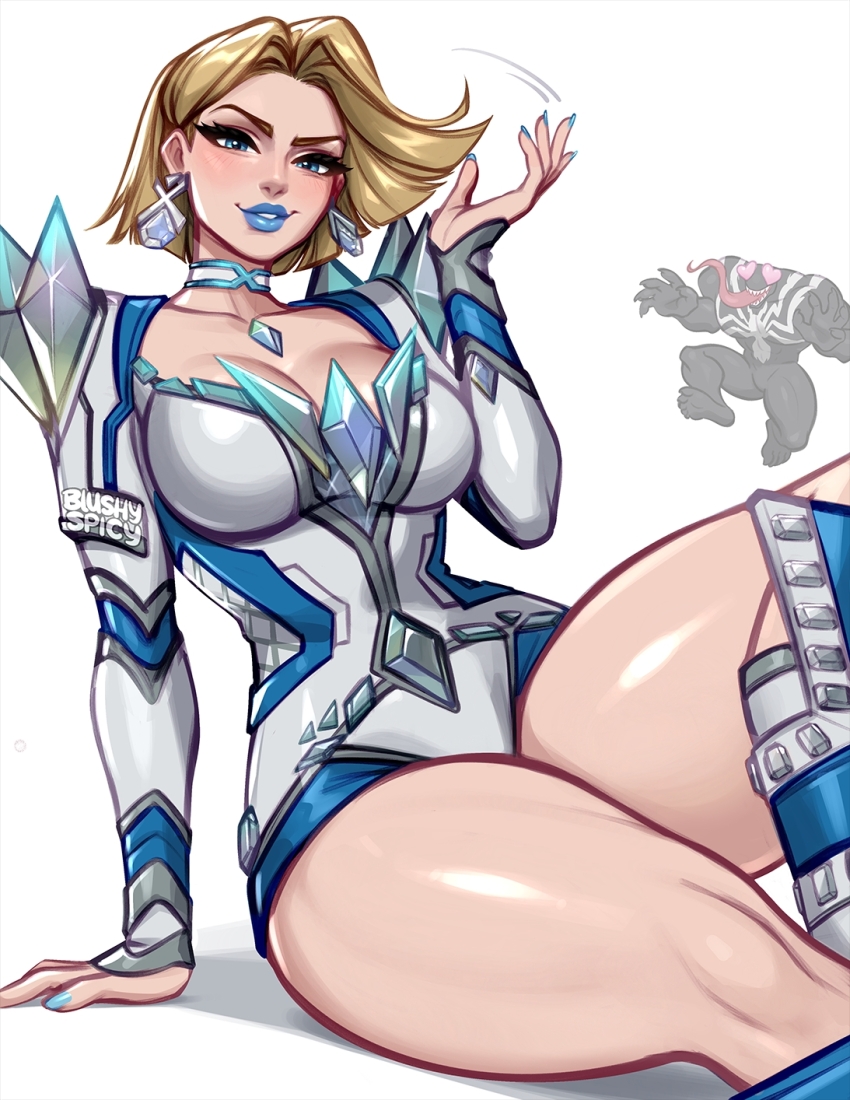 1boy 1girl blonde_hair blue_lips blushyspicy bodysuit breasts emma_frost highres lipstick long_tongue looking_at_viewer makeup marvel marvel_rivals monster_boy muscular muscular_male open_mouth short_hair smile solo_focus spider-man_(series) superhero_costume symbiote teeth tongue tongue_out venom_(marvel) x-men