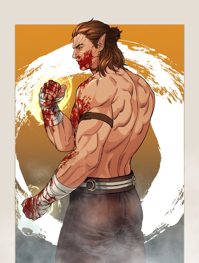 1boy absurdres ass back_muscles baldur&#039;s_gate baldur&#039;s_gate_3 bandaged_hand bandages bara blood blood_on_face blood_on_pectorals brown_hair bubujelra clenched_hands dark-skinned_male dark_skin dungeons_&amp;_dragons dungeons_&amp;_dragons elf halsin highres male_focus mature_male medium_hair muscular muscular_male pectorals pointy_ears sidepec solo sparse_arm_hair thick_eyebrows topless_male