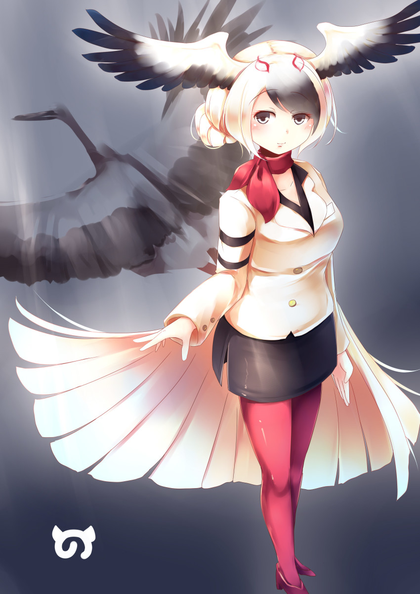 10s 1girl absurdres bird bird_tail black_eyes black_hair blonde_hair commentary_request creature_and_personification female_focus full_body hair_up head_wings high_heels highres japari_symbol kanzakietc kemono_friends light_smile long_sleeves looking_at_viewer multicolored_hair oriental_stork_(kemono_friends) pantyhose pencil_skirt personification red_pantyhose red_shoes shoes skirt solo standing stork tail wings