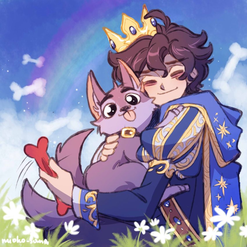 _blue_cape baby_animal cape collar crown dog filed highres prince puppy selius_(trine) sky toby_(trine) trine
