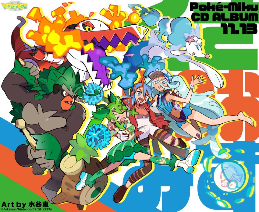 3girls ahoge barefoot blue_eyes blue_hair cheerleader closed_eyes colored_eyelashes fire_bird_(skeledirge) fire_miku_(project_voltage) fortissimo gen_7_pokemon gen_8_pokemon gloves grass_miku_(project_voltage) green_hair green_skirt green_socks hair_between_eyes hair_ornament hat hatsune_miku headphones highres holding holding_pom_poms jacket jewelry long_hair mizutani_megumi multicolored_hair multiple_girls multiple_persona musical_note musical_note_hair_ornament nintendo official_art open_clothes open_jacket open_mouth pokemon pokemon_(creature) pom_pom_(cheerleading) pom_poms primarina project_voltage puffy_sleeves red_hair rillaboom second-party_source shirt skeledirge skirt smile socks swimsuit tan tanline twintails two-tone_hair very_long_hair visor_cap vocaloid water_miku_(project_voltage) x_hair_ornament