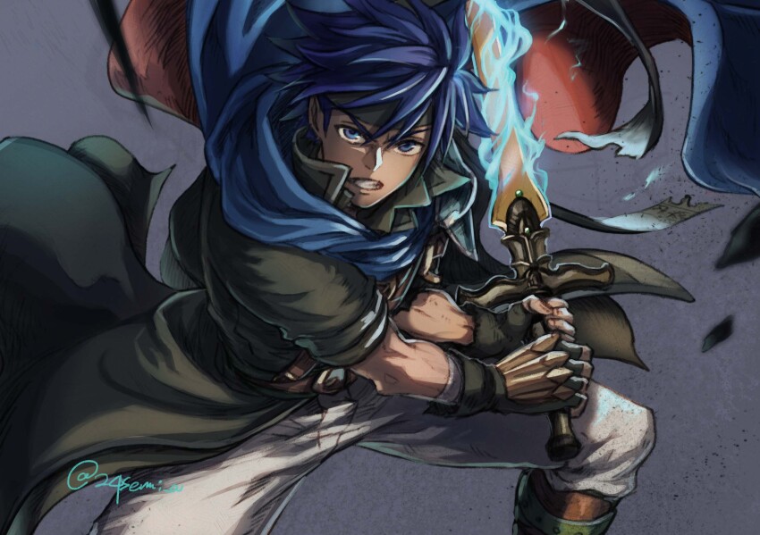 1boy blue_eyes blue_hair cape clenched_teeth commentary_request fire_emblem fire_emblem:_path_of_radiance headband highres hisui-cha holding holding_sword holding_weapon ike_(fire_emblem) male_focus nintendo ragnell short_hair solo sword teeth twitter_username two-handed_sword two-sided_cape two-sided_fabric weapon