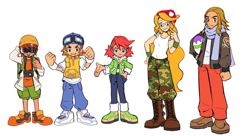 2girls 3boys atsushi_(digimon_world_3) boots camera digimon digimon_world_3 digitama egg goggles goggles_on_head hat highres kurt_(digimon_world_3) lisa_(digimon_world_3) long_hair minori_(digimon_world_3) multiple_boys multiple_girls red_hair scarf sunglasses takumi_(digimon_world_3)