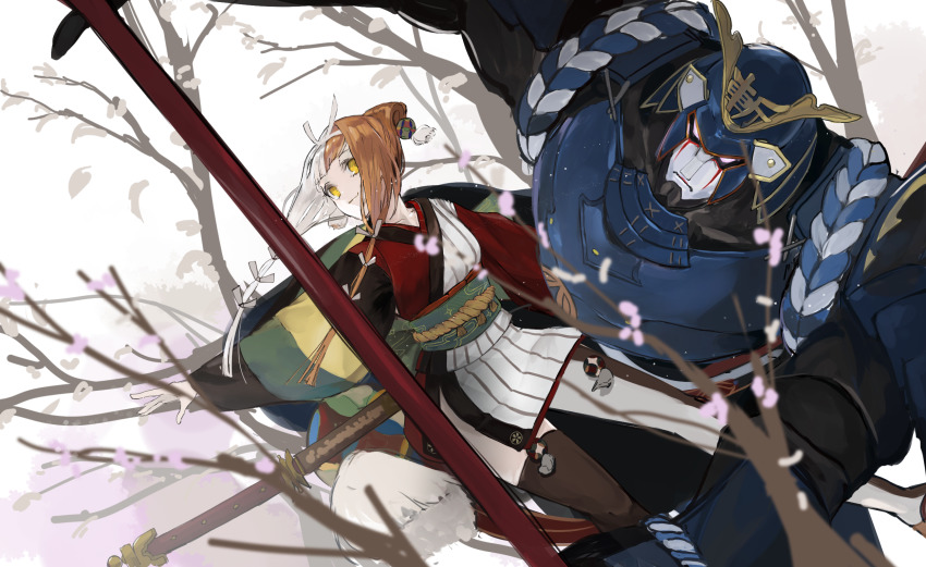 1girl blunt_bangs breasts brown_hair fate/grand_order fate_(series) hair_ornament hair_ribbon highres izumo_no_okuni_(fate) japanese_clothes kimono long_hair long_sleeves looking_at_viewer medium_breasts multicolored_hair ribbon sidelocks silver_hair smile split-color_hair thighs two-tone_hair wide_sleeves yellow_eyes yorurokujuu zanzaburou_(fate)