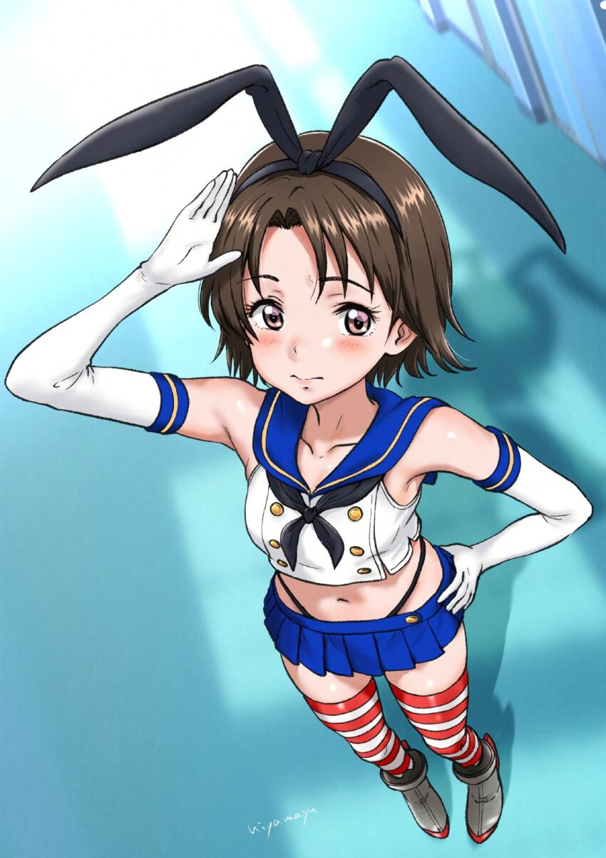 1girl bare_shoulders blue_skirt blush breasts brown_eyes brown_hair closed_mouth collarbone cosplay elbow_gloves from_above full_body girls_und_panzer gloves hair_ribbon hand_on_own_hip highres hiyama_yuu_(wee259hiyama) kantai_collection looking_at_viewer looking_up microskirt midriff navel pleated_skirt ribbon sawa_azusa shimakaze_(kancolle) shimakaze_(kancolle)_(cosplay) short_hair signature skirt small_breasts solo striped_clothes striped_thighhighs thighhighs white_gloves