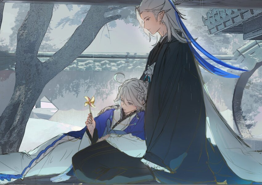 1boy 1girl ahoge aji_11300913 blue_eyes blue_hair brown_eyes couple from_side furina_(genshin_impact) genshin_impact hetero highres japanese_clothes kimono long_hair multicolored_hair neuvillette_(genshin_impact) outdoors pinwheel pointy_ears streaked_hair tree white_hair