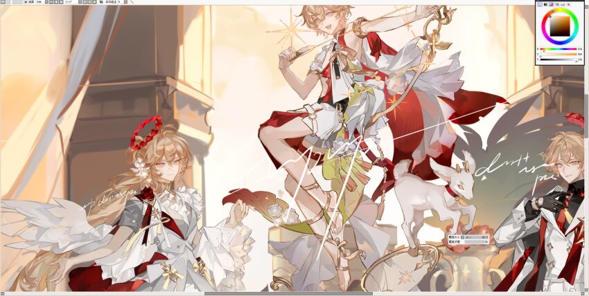 1boy 1girl 2boys angel angel_wings bishounen black_gloves blonde_hair bow_(weapon) dress feathered_wings formal_clothes gloves hair_between_eyes halo highres holding holding_bow_(weapon) holding_weapon jewelry liulianjingrua long_hair long_sleeves looking_at_viewer male_focus multiple_boys multiple_views original shirt short_hair short_sleeves shorts sleeveless weapon white_dress white_wings wings