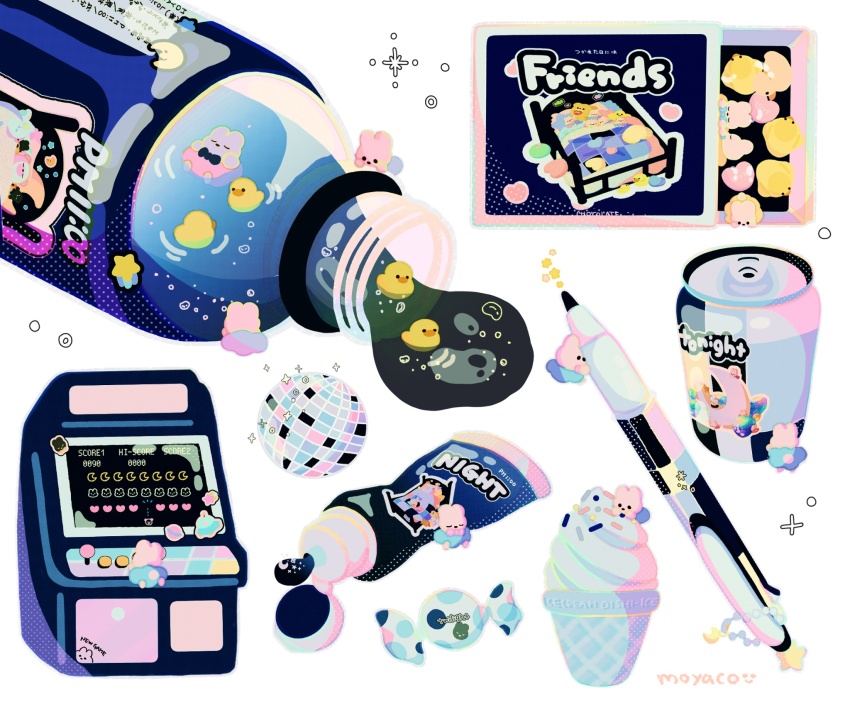 arcade_cabinet artist_name bottle can candy commentary commentary_request disco_ball drink_can english_text food food_wrapper highres ice_cream liquid moyaco no_humans original pen plastic_bottle rubber_duck signature simple_background soda_can solid_circle_eyes solid_eyes star_(symbol) white_background