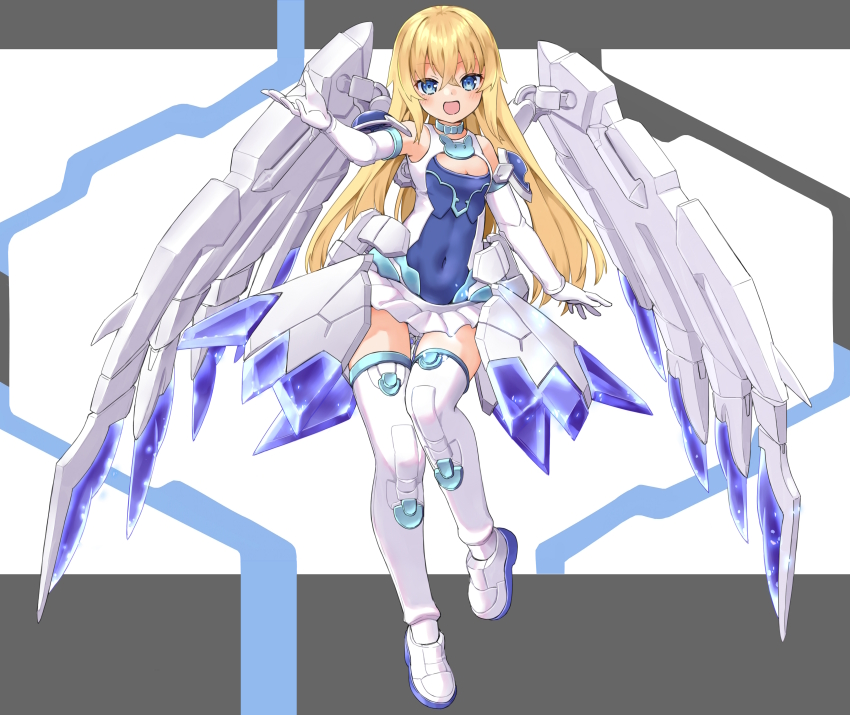 1girl 30_minutes_sisters :d absurdres bare_shoulders blonde_hair blue_eyes blue_leotard boots breasts cleavage cleavage_cutout clothing_cutout commentary_request covered_navel elbow_gloves full_body gloves hair_between_eyes highres leotard lirinel_(30ms) long_hair looking_at_viewer mecha_musume mechanical_wings open_mouth pleated_skirt sekira_ame skirt small_breasts smile solo thigh_boots very_long_hair white_background white_boots white_gloves white_skirt white_wings wings