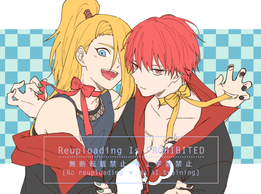 2boys akatsuki_uniform black_nails blonde_hair blue_eyes blush bow checkered_background closed_mouth deidara_(naruto) doll_joints english_text extra_mouth fishnet_top fishnets green_nails hair_over_one_eye hayamin35 high_ponytail hug implied_yaoi joints long_hair looking_at_viewer male_focus multiple_boys naruto_(series) naruto_shippuuden neck_ribbon open_clothes open_mouth open_robe ponytail red_eyes red_hair ribbon robe sasori_(naruto) smile watermark