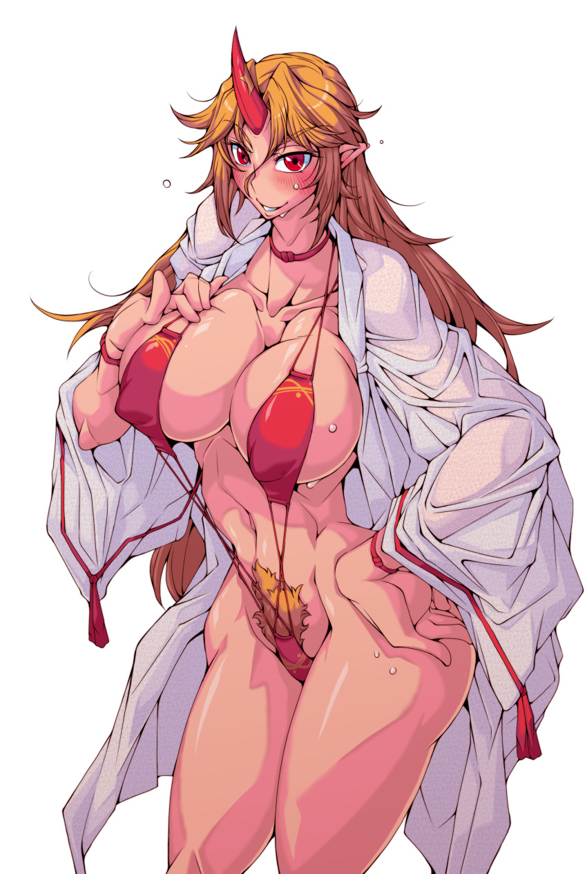 1girl abs absurdres alternate_costume blonde_hair blonde_pubic_hair blush breasts commentary_request covered_erect_nipples cowboy_shot excessive_pubic_hair female_pubic_hair grin hand_on_own_hip highres horns hoshiguma_yuugi japanese_clothes kimono large_breasts long_hair looking_at_viewer muscular muscular_female navel open_clothes open_kimono parted_bangs pointy_ears pubic_hair red_eyes red_horns red_slingshot_swimsuit simple_background single_horn slingshot_swimsuit smile solo star_(symbol) swimsuit tassel touhou transparent_background white_kimono yoshitsuki
