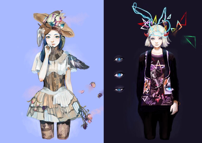 2girls absurdres black_nails blue_eyes blue_hair bow corset detached_collar disembodied_eye dress earrings expressionless eyeshadow fake_wings fashion flower green_eyes hair_behind_ear hair_over_shoulder hand_on_own_face hat headpiece heterochromia highres holding holding_flower horns jacket jewelry junjunforever lace lace_trim long_hair makeup multiple_girls nail_polish original pants pantyhose petals print_pantyhose print_shirt shirt short_hair single_wing triangle white_hair wings