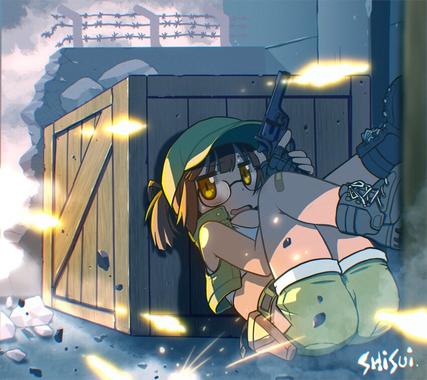 1girl bandaid bandaid_on_knee bandaid_on_leg black_boots blush boots breasts brown_eyes brown_hair crate crop_top fingerless_gloves fio_germi glasses gloves green_hat green_shorts green_vest gun handgun hat holding holding_weapon holster metal_slug open_mouth ponytail rock shirt shisui short_ponytail shorts sitting sleeveless solo sweat taking_cover utility_vest vest weapon white_shirt