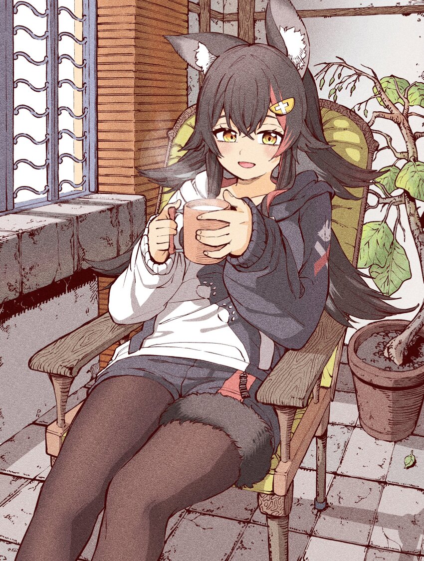 1girl animal_ear_fluff animal_ears arm_rest black_hair black_hoodie drink hair_between_eyes hair_ornament highres holding holding_drink hololive hood hoodie indoors leaf leaning_back long_hair long_sleeves multicolored_hair official_alternate_costume on_chair ookami_mio ookami_mio_(casual) open_mouth pantyhose paw_print paw_print_pattern plant potted_plant red_hair relaxing shorts sitting solo streaked_hair tail tail_around_own_leg tile_floor tiles two-tone_hoodie virtual_youtuber white_hoodie wolf_ears wolf_girl wolf_tail wooden_chair yellow_eyes yurai0739