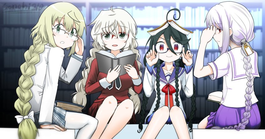 4girls amano_suzune black_hair blonde_hair blush book braid braided_ponytail glasses green_eyes hair_between_eyes holding holding_book jeanne_d&#039;arc_(madoka_magica) kazumi_(madoka_magica) long_hair looking_at_viewer magia_record:_mahou_shoujo_madoka_magica_gaiden mahou_shoujo_kazumi_magica mahou_shoujo_madoka_magica mahou_shoujo_oriko_magica mahou_shoujo_suzune_magica mahou_shoujo_tart_magica mikuni_oriko multiple_girls open_mouth purple_hair red_eyes school_uniform sitting smile sonohi210 twin_braids twintails white_hair