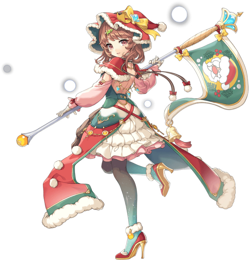 1girl artist_request bare_back bow brown_hair charlotte_corday_(legend_clover) christmas_tree_hair_ornament flag full_body game_cg gloves hair_ornament high_heels highres holding holding_flag legend_clover mistletoe official_alternate_costume official_art open_mouth pink_eyes santa_claus snowing third-party_source transparent_background white_gloves yellow_bow