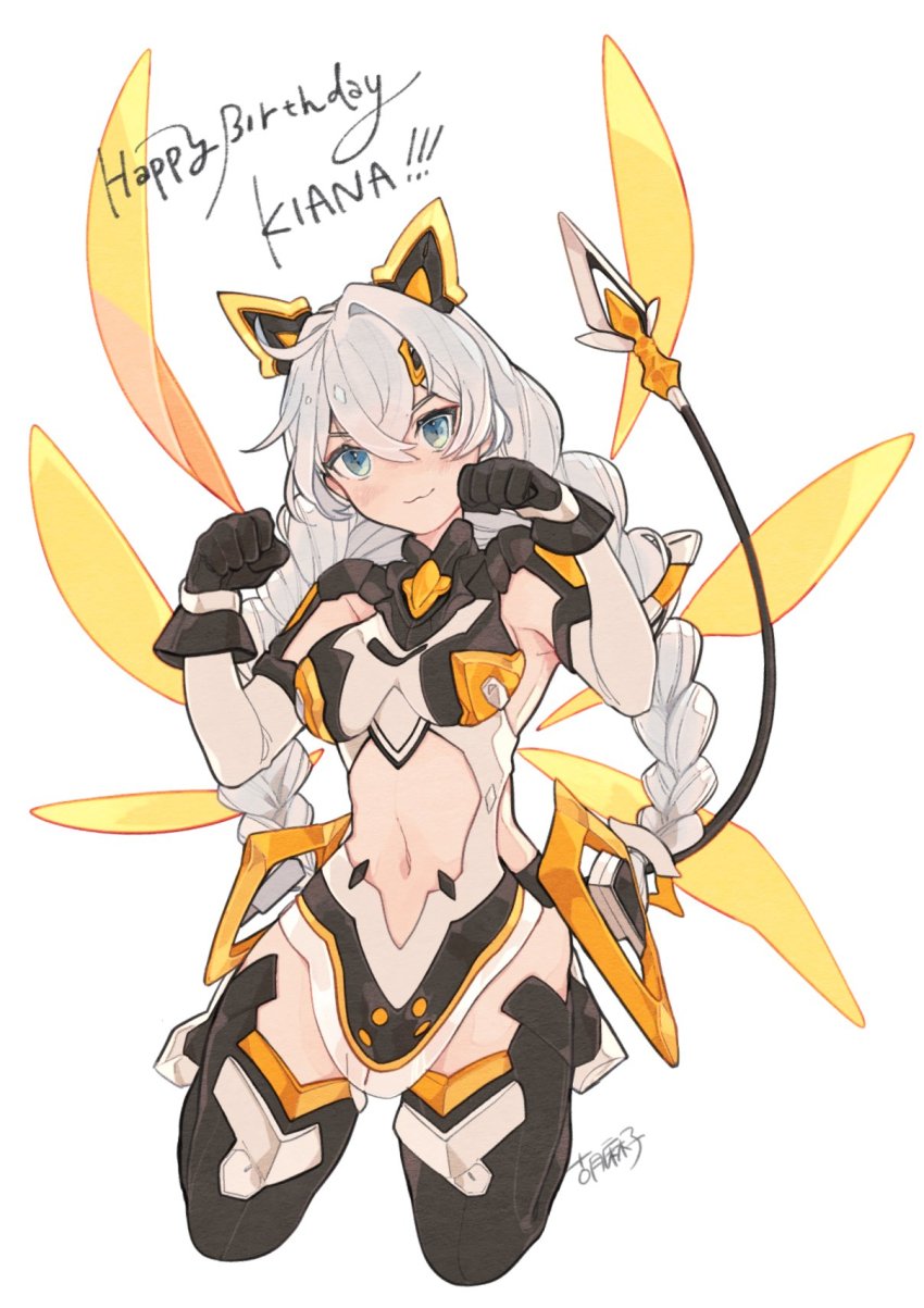 1girl :3 animal_ears armored_leotard bare_shoulders black_gloves blue_eyes braid cat cat_ears character_name closed_mouth fake_animal_ears fake_tail gloves happy_birthday highres honkai_(series) honkai_impact_3rd kiana_kaslana kiana_kaslana_(bastet&#039;s_secret) kiana_kaslana_(knight_moonbeam) leotard long_hair looking_at_viewer mogomaco navel paw_pose signature simple_background smile solo tail twin_braids white_background white_hair wings