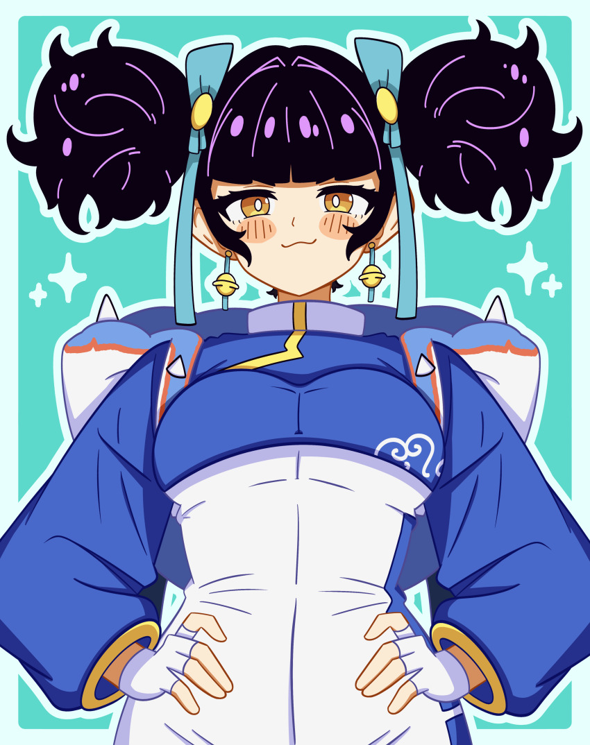 1girl absurdres black_hair blue_background blue_bow blue_ribbon bow breasts closed_mouth cowboy_shot doyagao facing_viewer fingerless_gloves gloves hair_bow hair_ribbon hands_on_own_hips highres long_sleeves looking_at_viewer magikflaan medium_breasts medium_hair original ribbon ribbon-trimmed_bow ribbon_trim smile smug solo standing white_gloves yellow_eyes yunyi_(magikflaan)