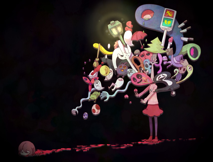 1girl 6274 bad_id bad_pixiv_id beanie black_background blood blouse braid broom cat decapitation egg frog frown ghost hat headless heart highres kasei-san knife kyukkyu-kun lamppost long_sleeves madotsuki medamaude open_mouth pink_shirt purple_skirt shirt skirt traffic_light tree twin_braids uboa umbrella witch_hat yume_nikki