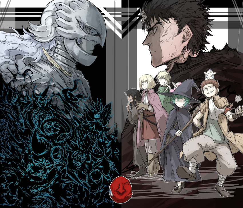 4girls 6+boys armor behelit berserk black_hair blonde_hair blue_eyes blue_hair bob_cut broken_horn casca_(berserk) closed_eyes closed_mouth curly_hair dark-skinned_female dark_skin demon evarella_(berserk) fairy fairy_wings farnese_(berserk) fingerless_gloves gloves green_eyes green_hair griffith_(berserk) grunbeld_(berserk) guts_(berserk) hat highres holding holding_staff horns isidro_(berserk) kankan33333 long_hair looking_at_another mask medium_hair multicolored_hair multiple_boys multiple_girls open_mouth parted_lips pink_hair puck_(berserk) rakshas rock schierke_(berserk) serious serpico_(berserk) sharp_teeth short_hair short_sleeves sitting spiked_hair staff standing streaked_hair teeth wavy_hair white_hair wings witch witch_hat zodd_(berserk)